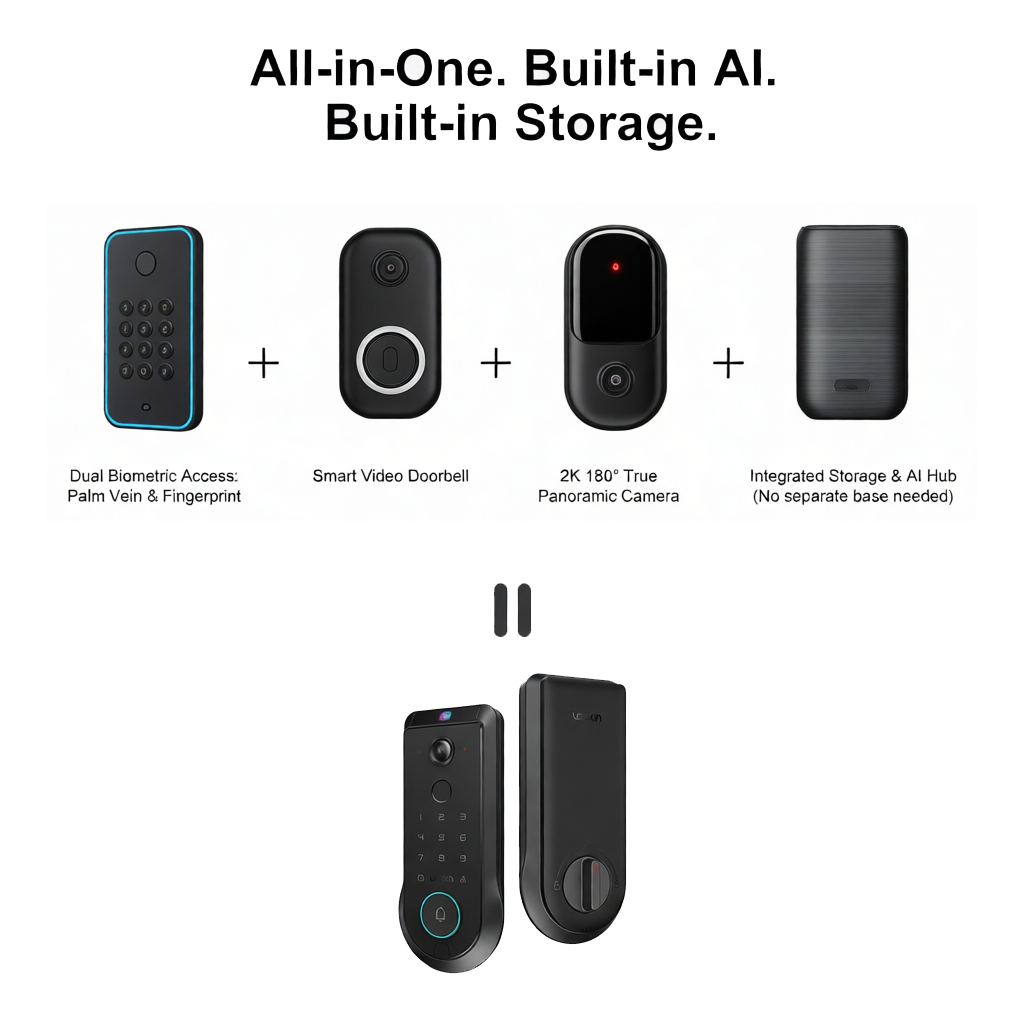 Lockin Veno Pro | Palm-Vein Recognition ,  Fingerprint , 2K Camera with Built-in Doorbell , 32GB Local Video Storage/ IP65