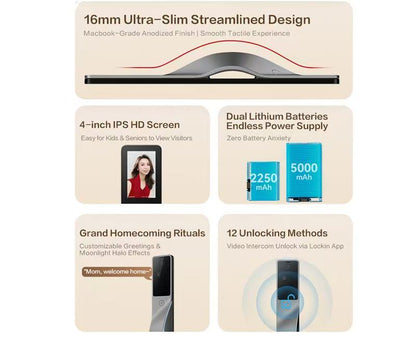 Lockin V5 Max | Palm-Vein Recognition , 3D Face ID , 2K Camera with Built-in Doorbell , 3-Day Free Cloud Storage