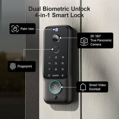 Veno Plus | Palm-Vein Recognition ,  Fingerprint , 2K Camera with Built-in Doorbell , 8GB Local Video Storage